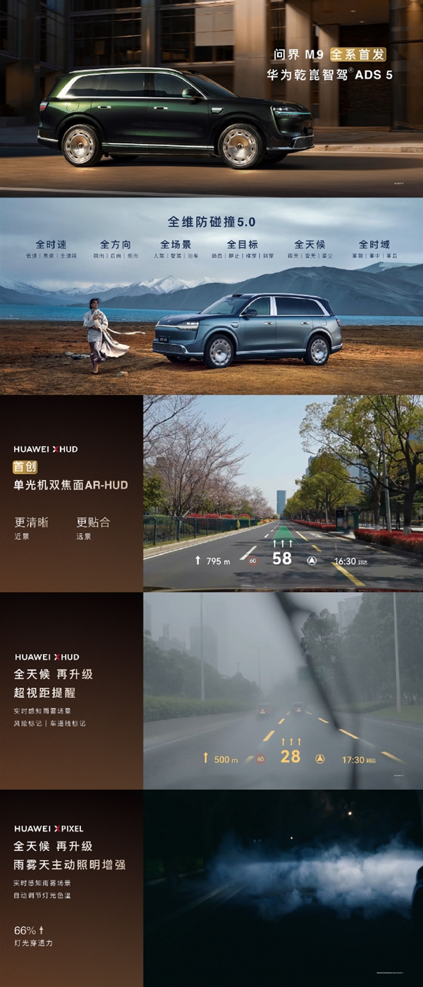 问界M9首创全向4固态激光雷达矩阵:可精准捕捉10米内小目标