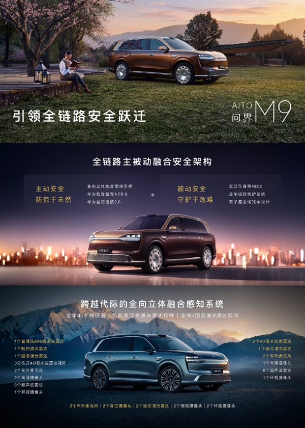 问界M9首创全向4固态激光雷达矩阵:可精准捕捉10米内小目标