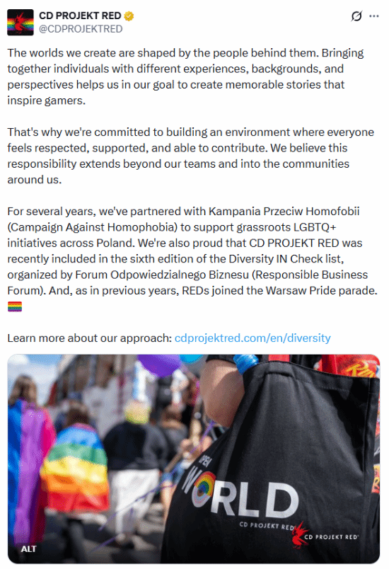 《巫师4》要遭殃了吗 开发商CDPR公开支持LGBT!