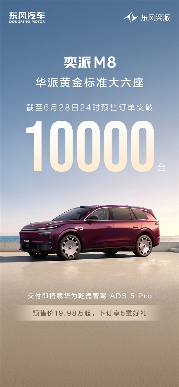 19.98万起!东风奕派M8预售订单破1万台:全系标配华为乾崑6件套