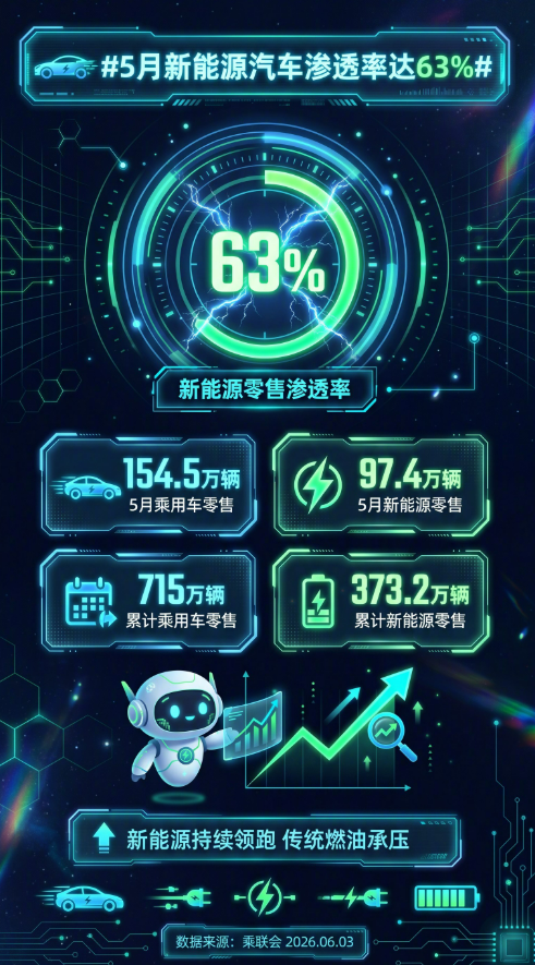燃油加速失守!5月新能源销售渗透率63%:零跑一骑绝尘成最大黑马
