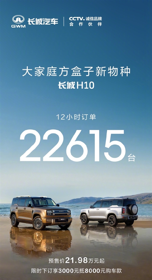 限时预售21.48万元起!长城H10卖爆了:12小时订单22615台