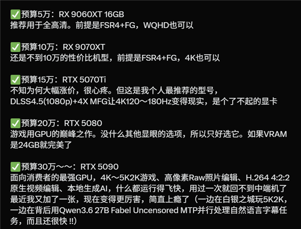 AMD、NV游戏显卡推荐:2000元内不用看 RTX 50仍是高端必选