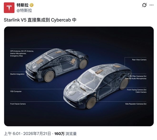 特斯拉Cybercab要接入集成星链:车里还能用上太空互联网
