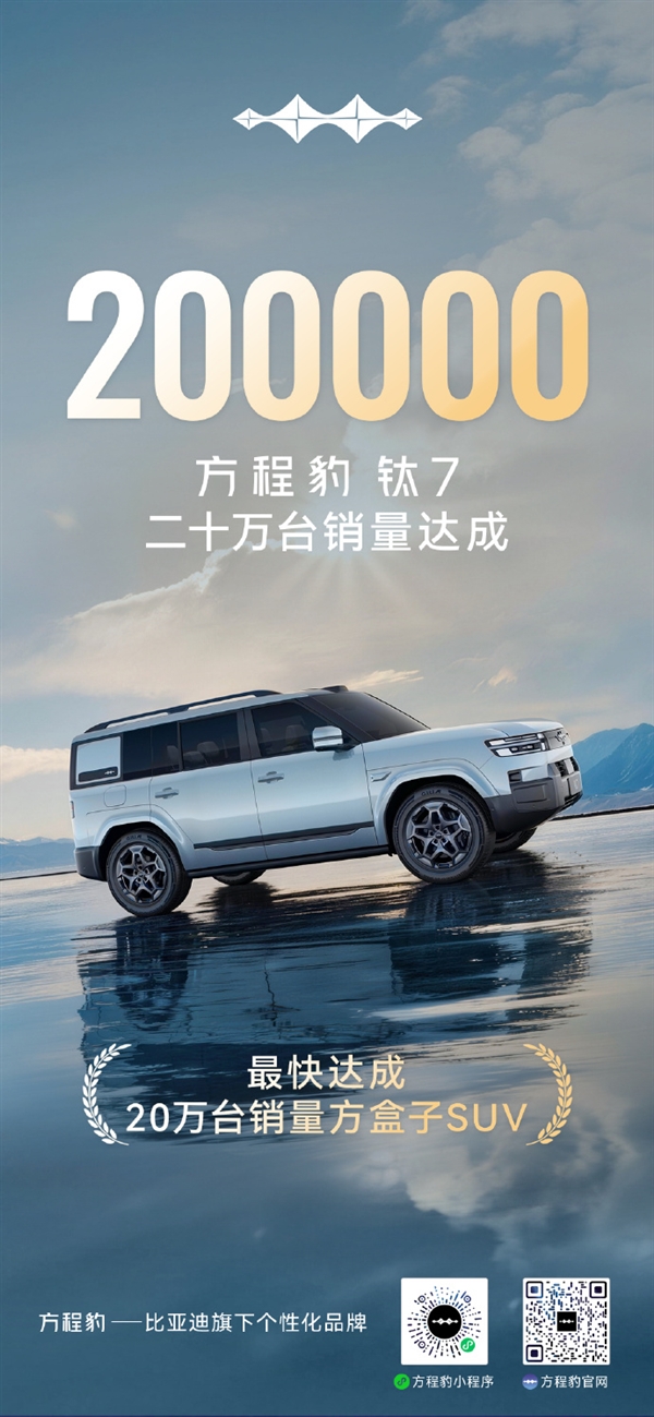 刷新方盒子SUV销售纪录!比亚迪方程豹钛7销量破20万台