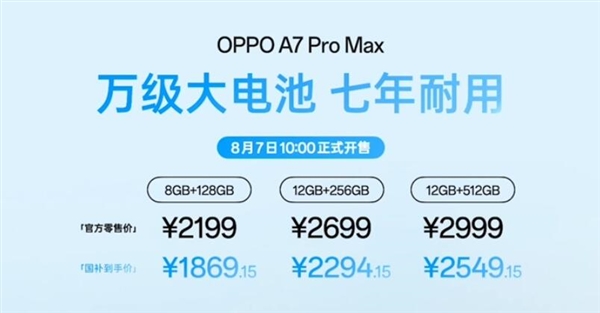 OPPO A7 Pro Max发布:首发OPPO万级长寿大电池 2199元起