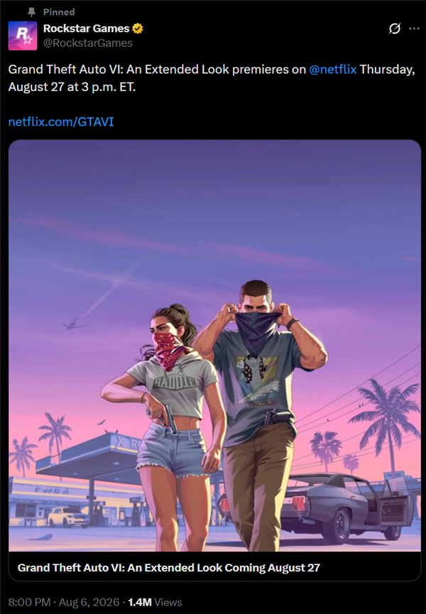 年度最受期待大作!R星宣布《GTA6》加长版预告8月28日发布
