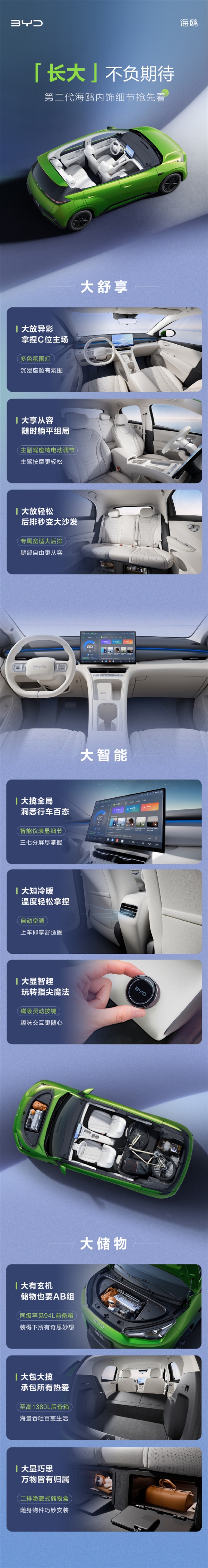 入门纯电卷配置!比亚迪第二代海鸥内饰预告:主驾按摩+多储物设计