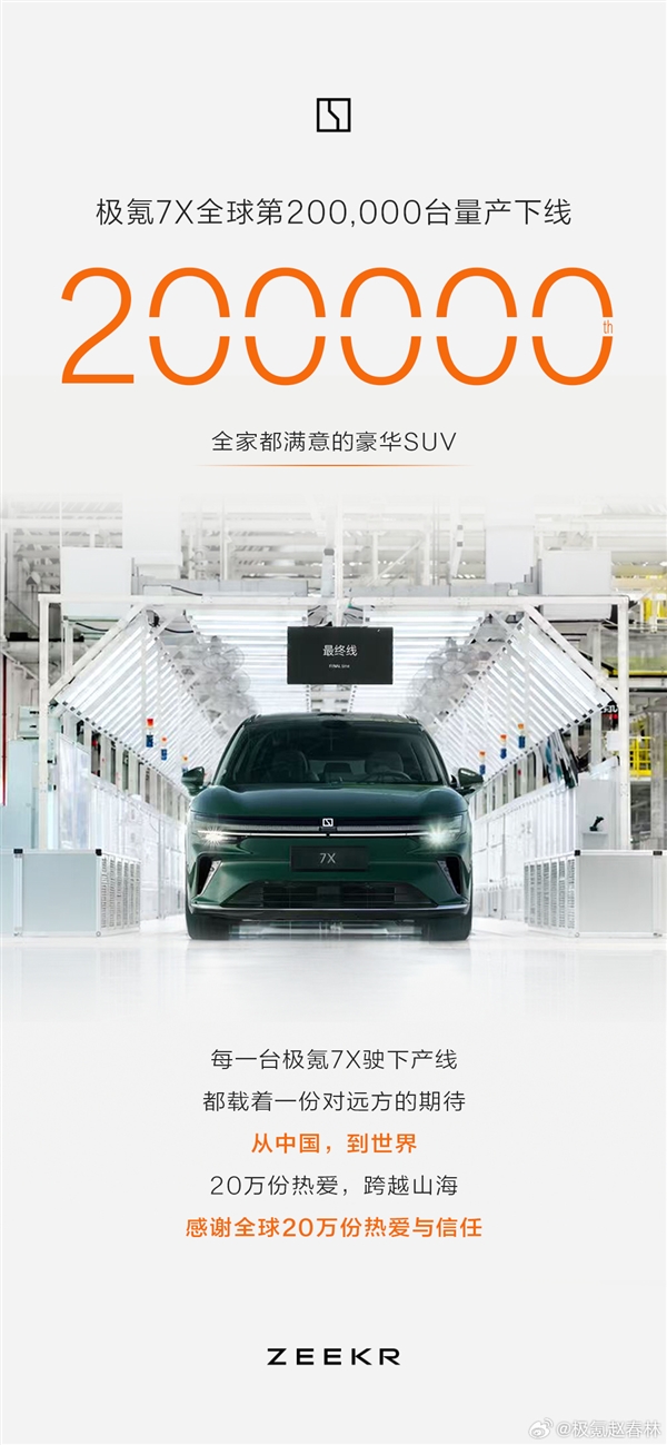 用时仅2年 第20万辆极氪7X量产下线:订单来自墨西哥
