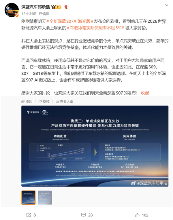 车载冰箱实际使用率不足5%引热议!深蓝邓承浩:使用率低并不是对它价值的否定