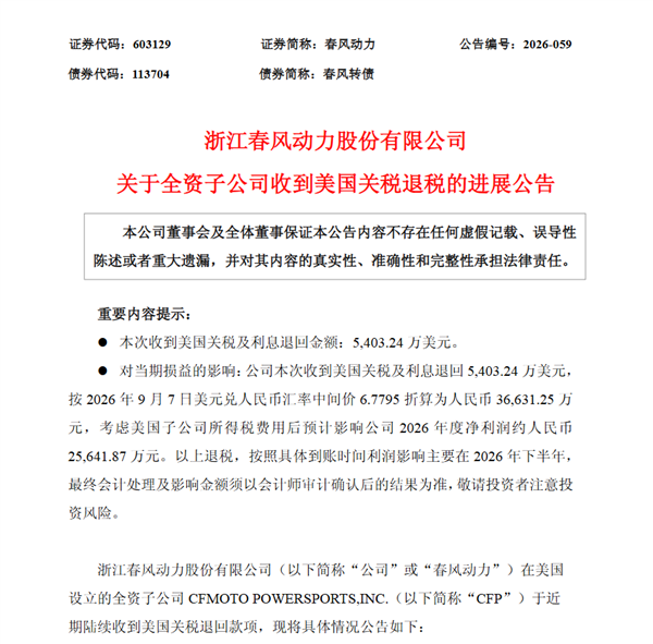 最高法院判了 美国政府退钱!国产摩托厂商春风动力收3.66亿美国退款
