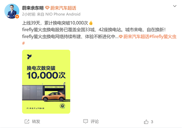 上线39天!蔚来旗下萤火虫累计换电突破10000次:3分钟极速满电