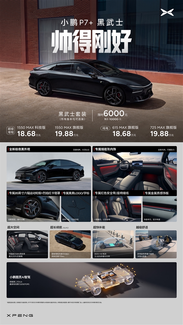 限时优惠价6000元 小鹏P7+黑武士套装上市:所有版本均可选