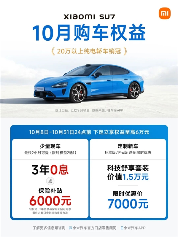 小米汽车公布10月购车优惠:现车2小时速提 3年0息或6000元保险补贴
