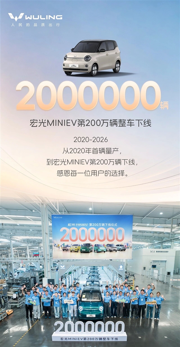 连续28个月中国纯电销冠、单月卖过5万辆!五菱宏光MINI EV第200万台下线