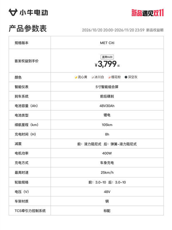3799元好骑好看 小牛MET电动车上市 一次充电跑105km